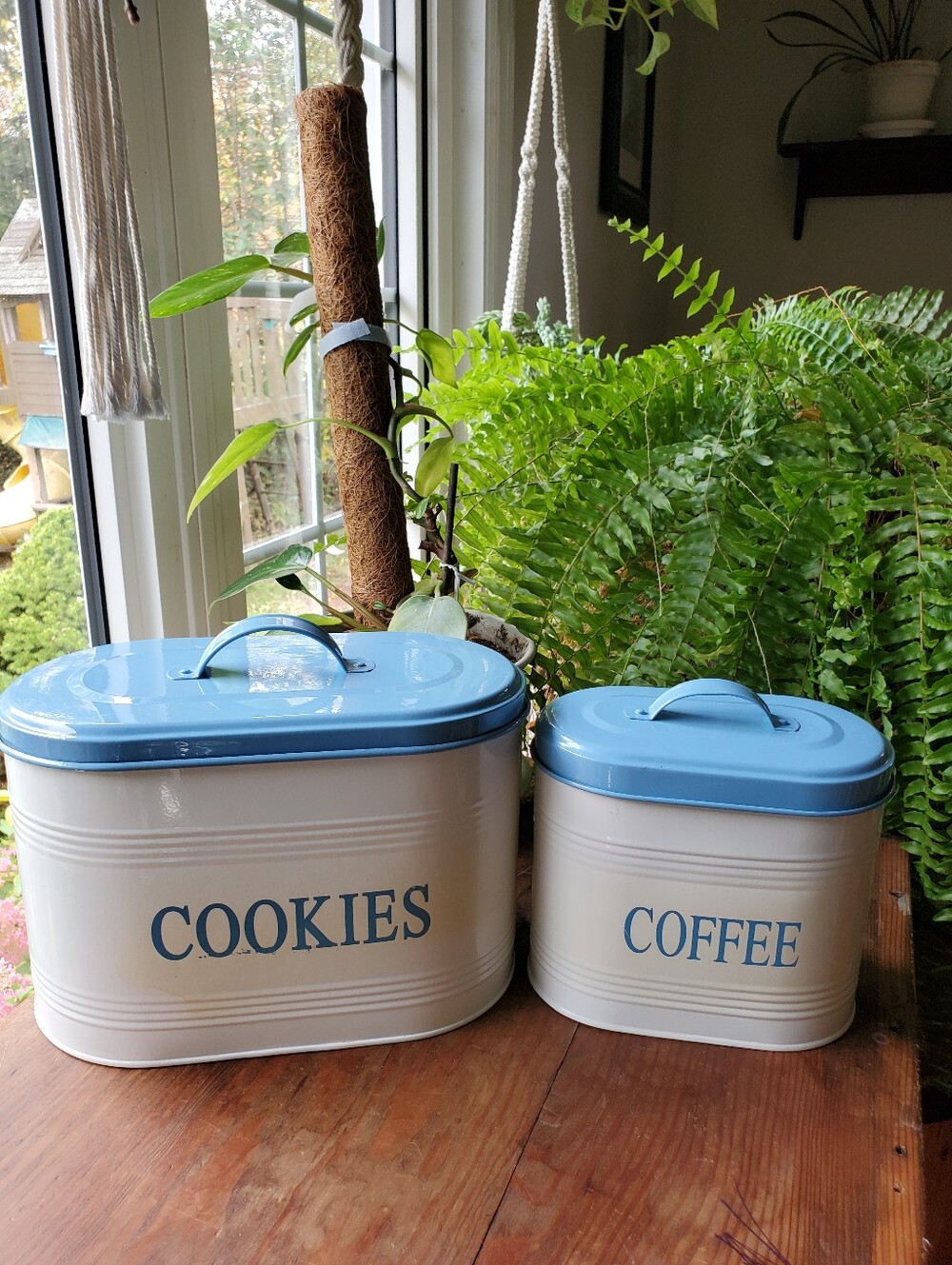 Vintage Blue Metal Kitchen Canister Set Cookies Coffee Farmhouse Kitchen Decor